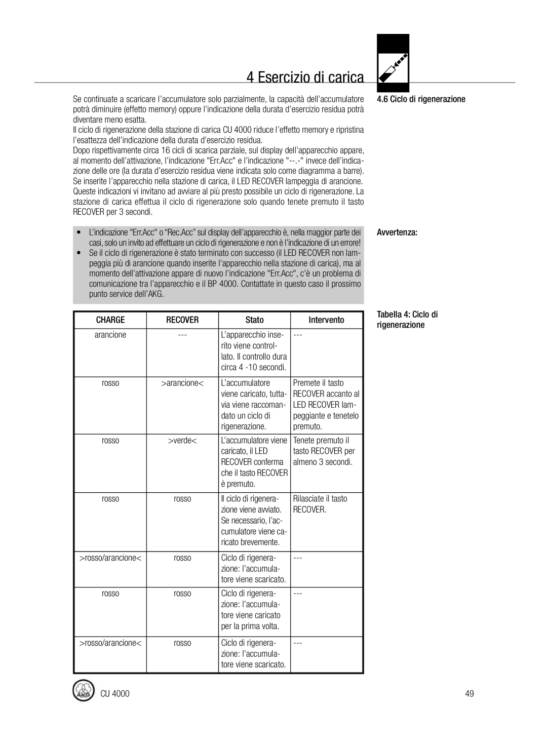 AKG Acoustics CU4000 Diventare meno esatta, Recover per 3 secondi, ’accumulatore Premete il tasto, Rigenerazione Premuto 