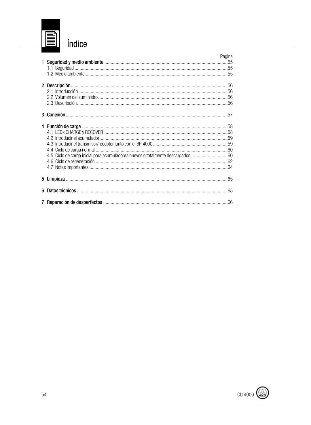 AKG Acoustics CU4000 manual Índice, Seguridad y medio ambiente 