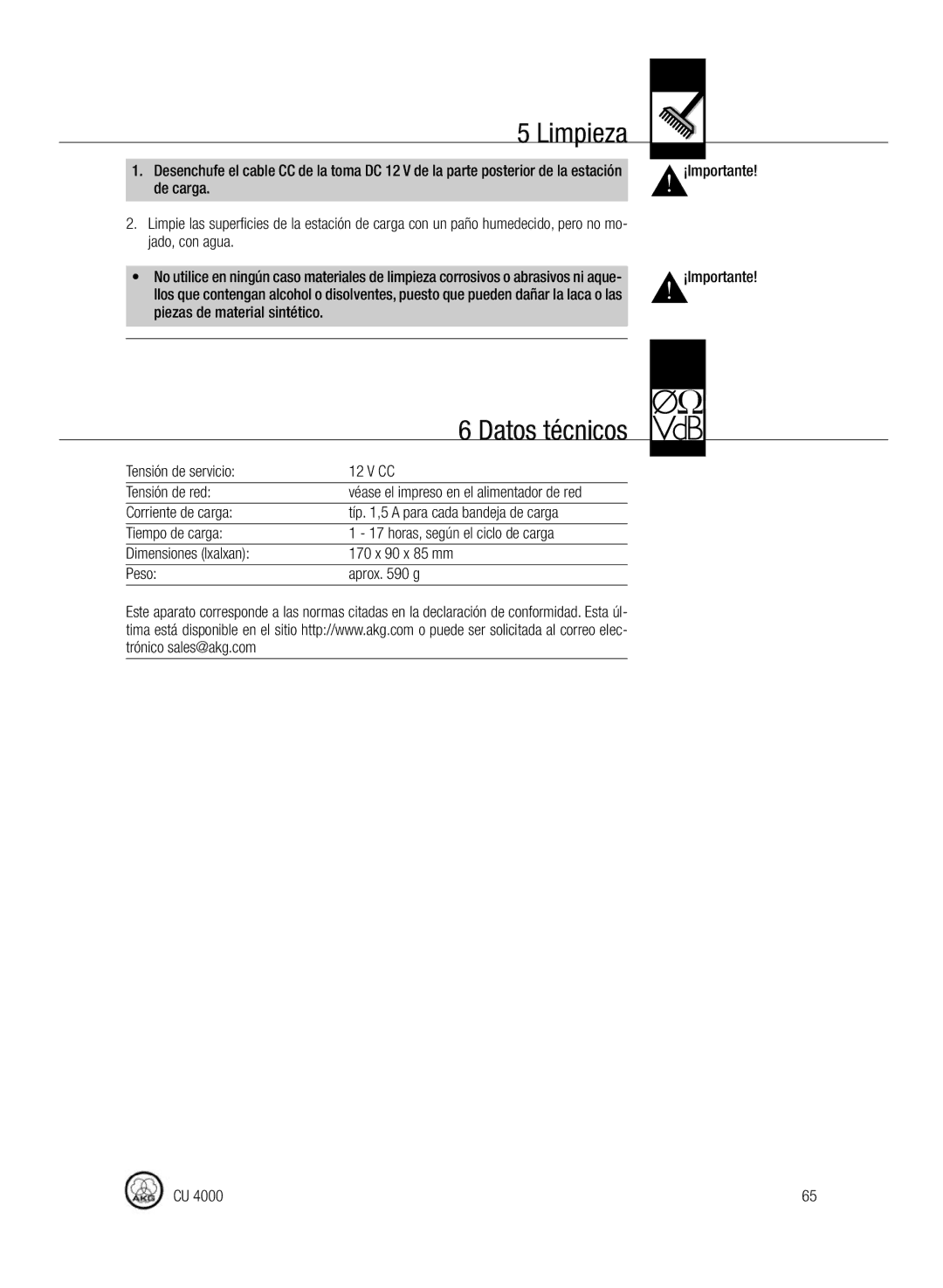 AKG Acoustics CU4000 manual Limpieza, Datos técnicos, Tensión de servicio Tensión de red 