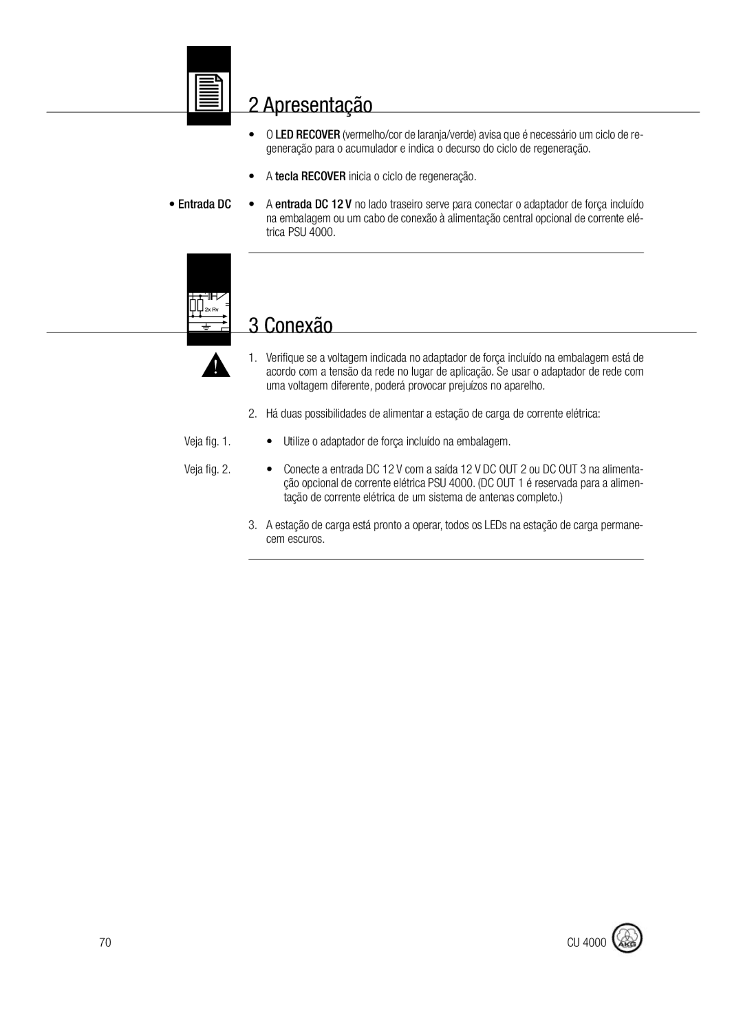 AKG Acoustics CU4000 manual Apresentação, Conexão, Tecla Recover inicia o ciclo de regeneração Entrada DC, Trica PSU 