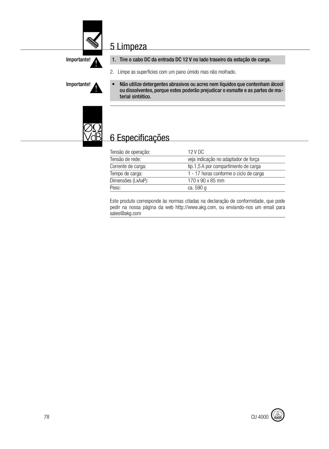 AKG Acoustics CU4000 manual Limpeza, Especificações 