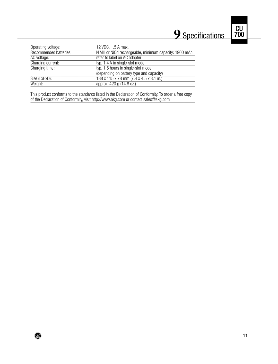 AKG Acoustics CU700 manual Specifications, Operating voltage 12 VDC, 1.5 a max Recommended batteries 