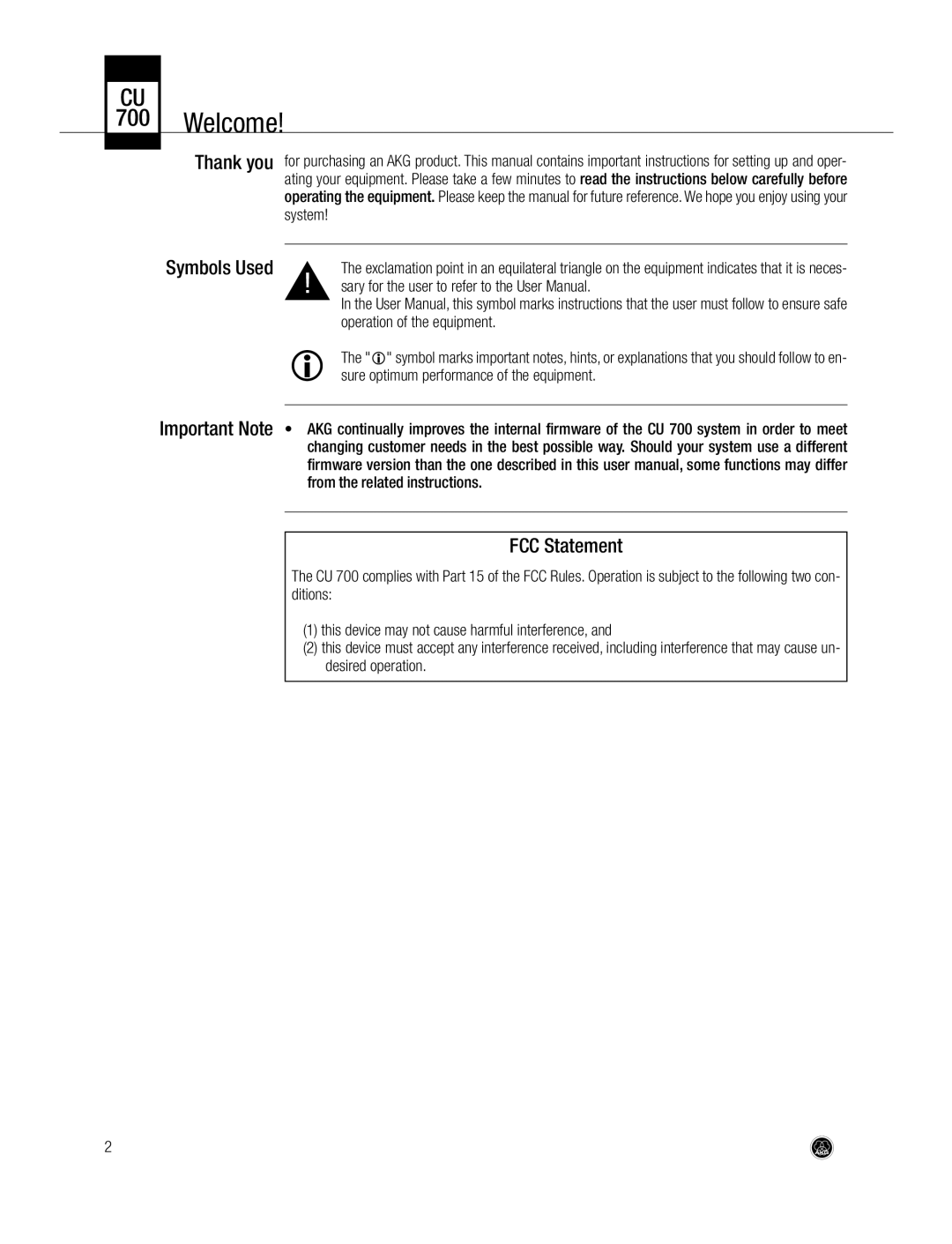 AKG Acoustics CU700 manual Welcome, FCC Statement, Symbols Used 