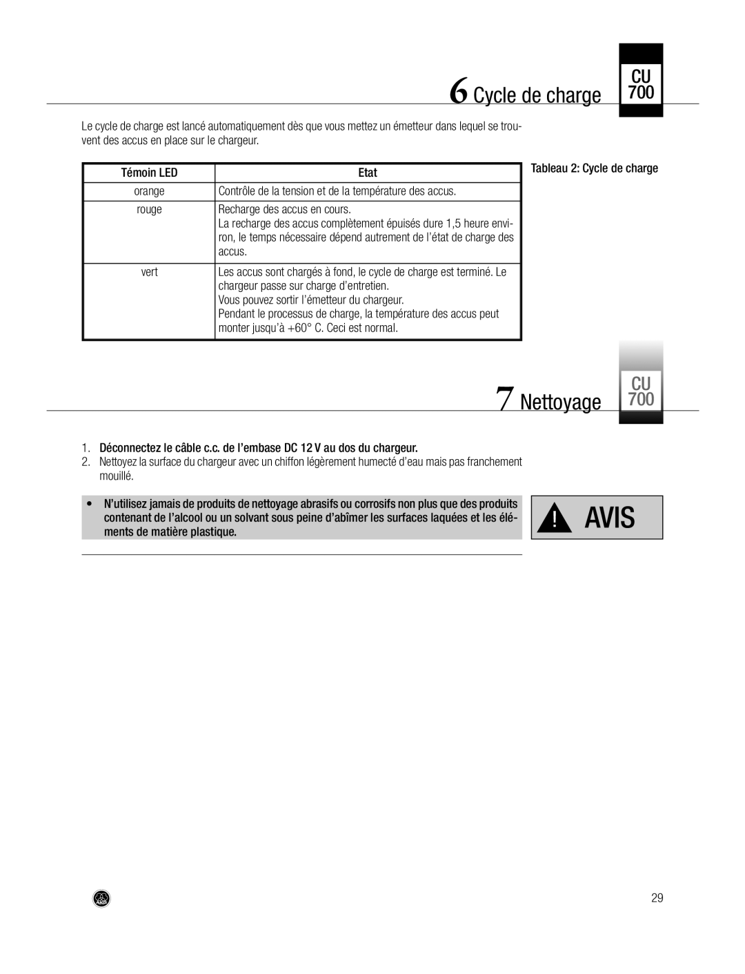 AKG Acoustics CU700 manual Nettoyage, Cycle de charge, Vent des accus en place sur le chargeur, Accus 