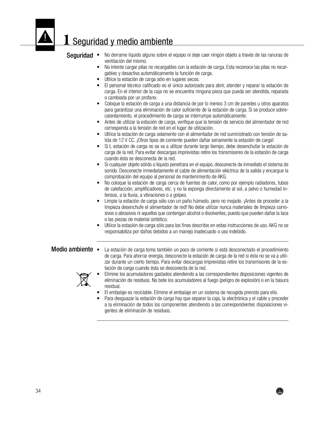 AKG Acoustics CU700 manual Seguridad y medio ambiente, Utilice la estación de carga sólo en lugares secos 