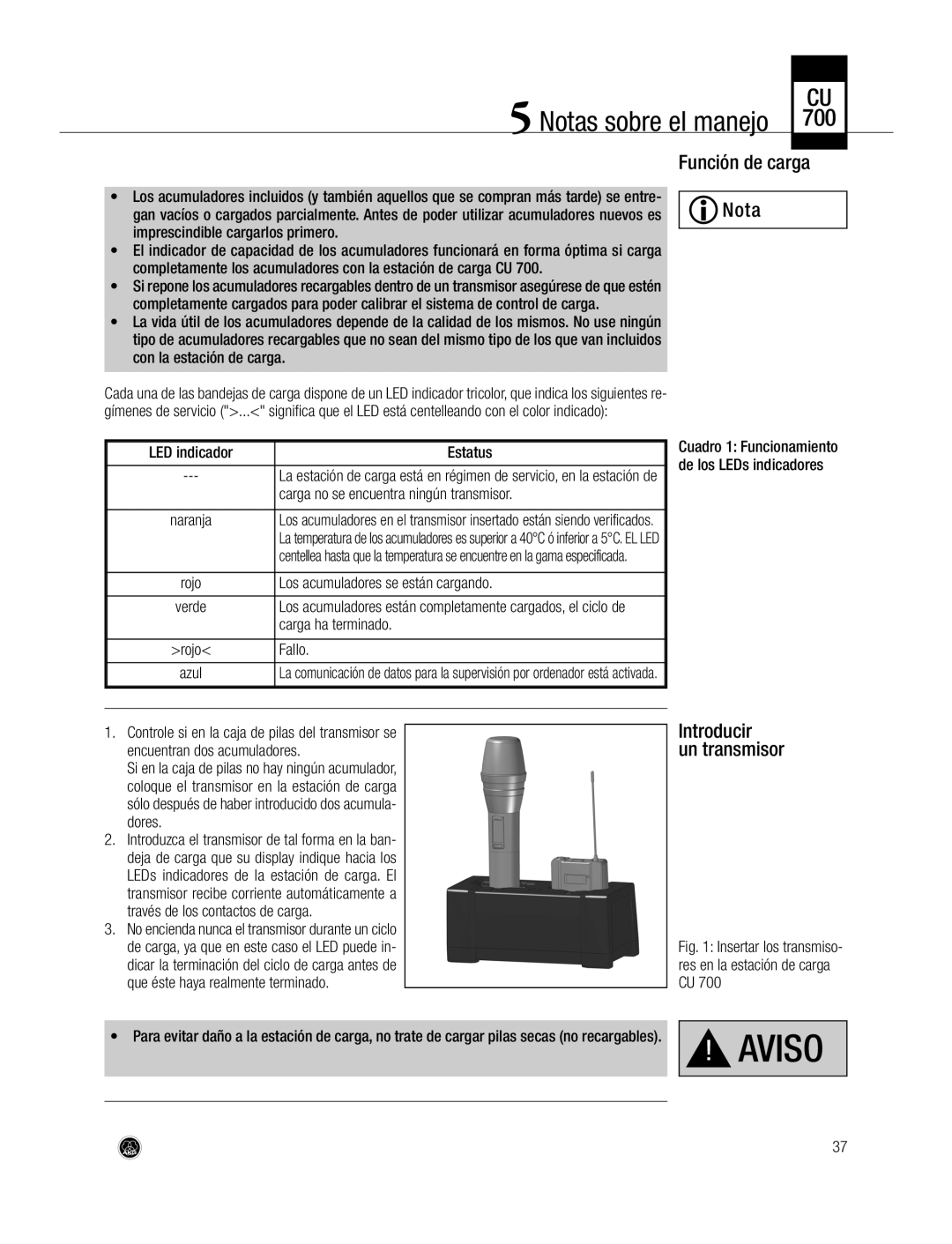 AKG Acoustics CU700 manual Notas sobre el manejo, Función de carga Nota, Introducir Un transmisor 