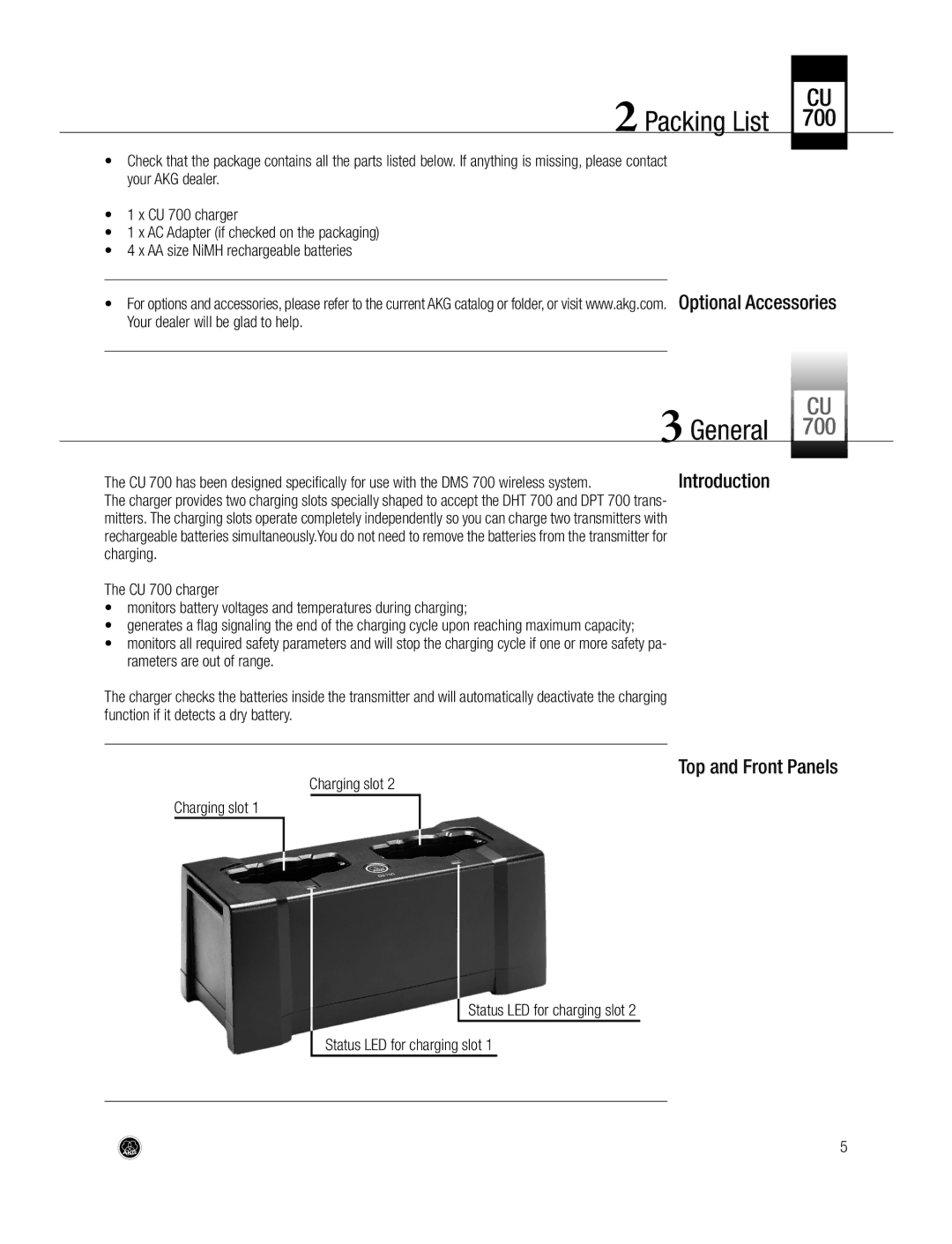 AKG Acoustics CU700 Packing List, General, Top and Front Panels, Introduction, Charging slot Status LED for charging slot 