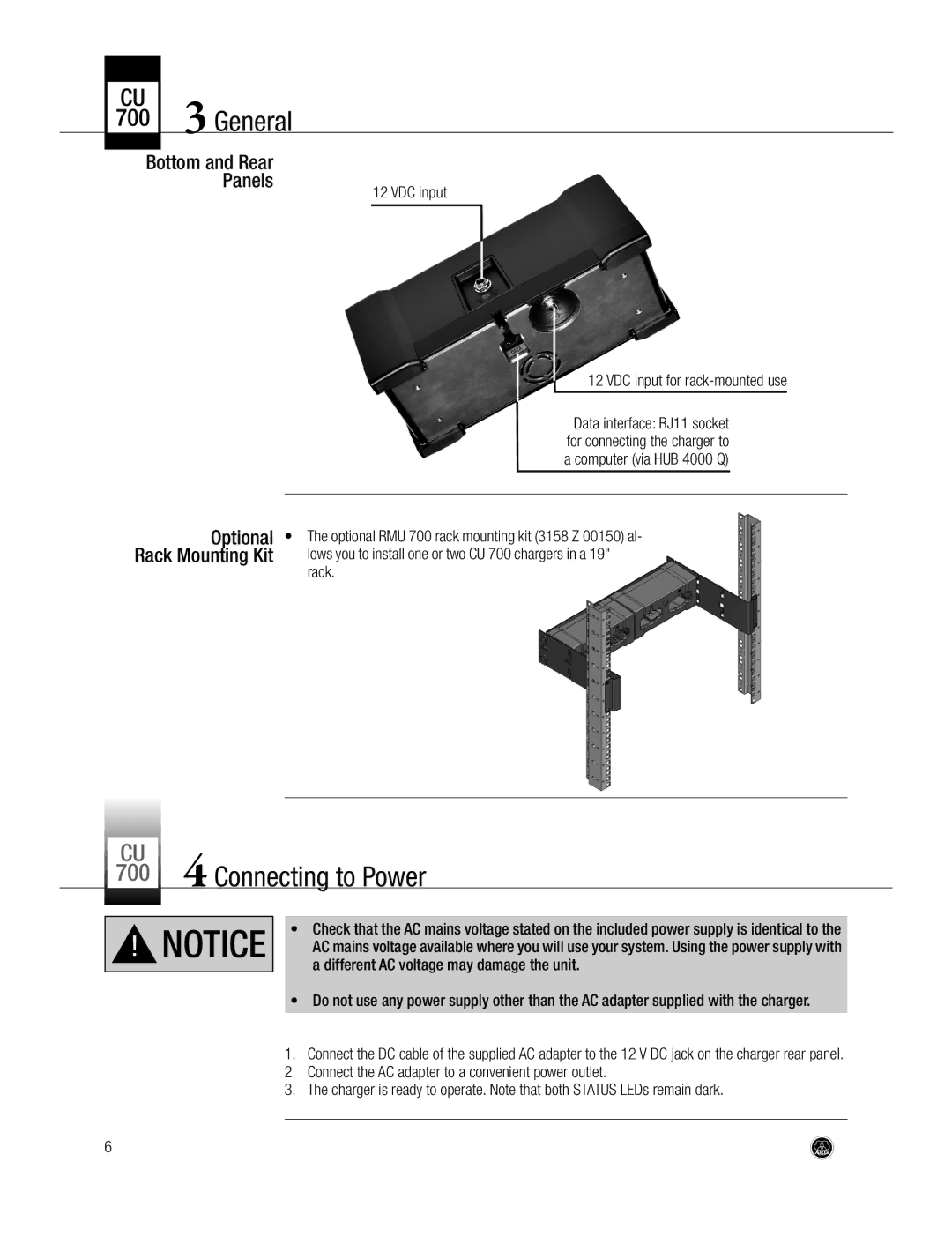 AKG Acoustics CU700 GeneralCU, Connecting to PowerCU, Bottom and Rear Panels, VDC input VDC input for rack-mounted use 