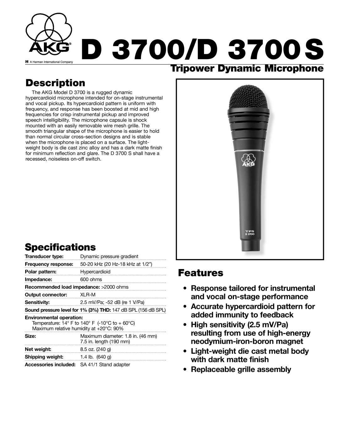 AKG Acoustics specifications 3700/D 3700S, Description, Specifications, Tripower Dynamic Microphone Features, Xlr-M 