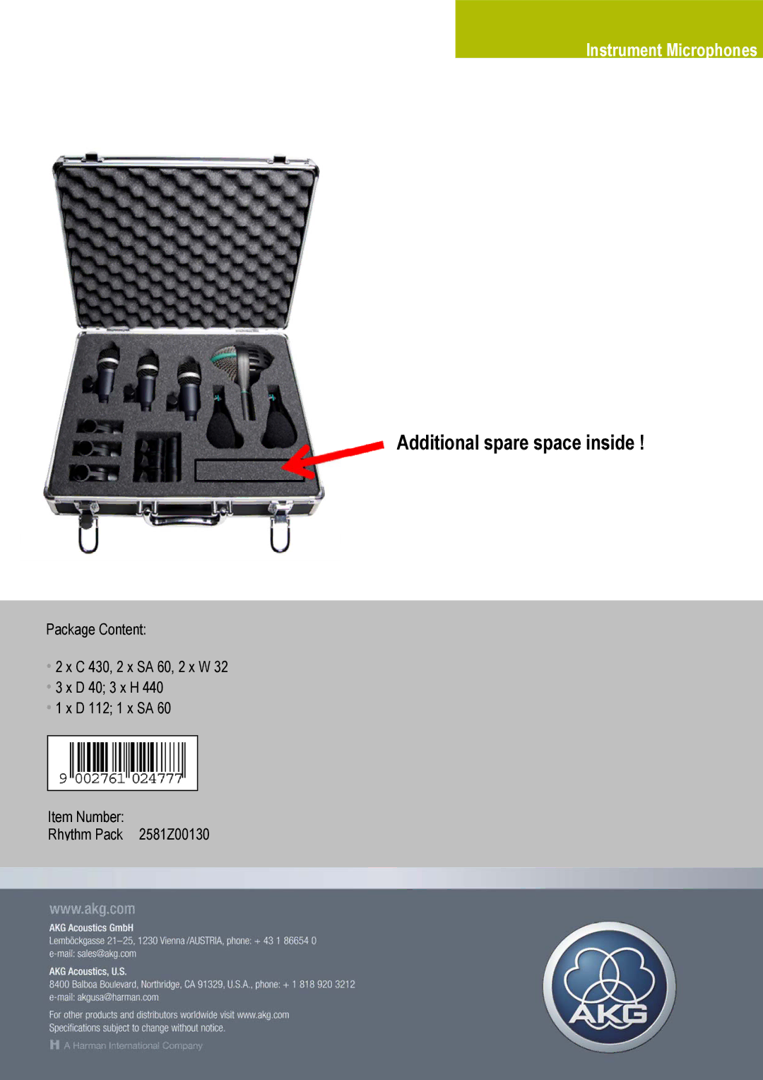 AKG Acoustics D 40 manual Additional spare space inside 