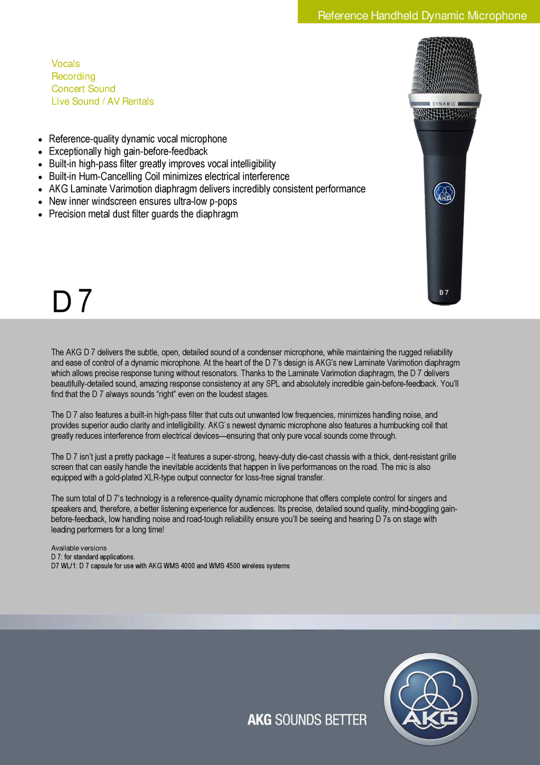 AKG Acoustics D 7 manual Reference Handheld Dynamic Microphone Microphone Microphone, Available versions 