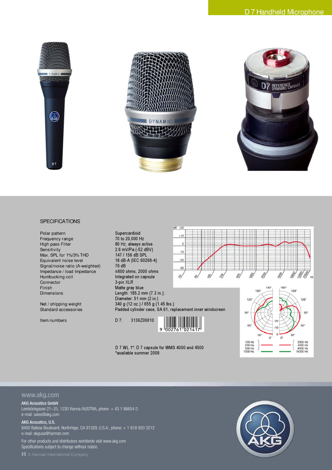 AKG Acoustics D 7 manual Handheld Microphone, Specifications 