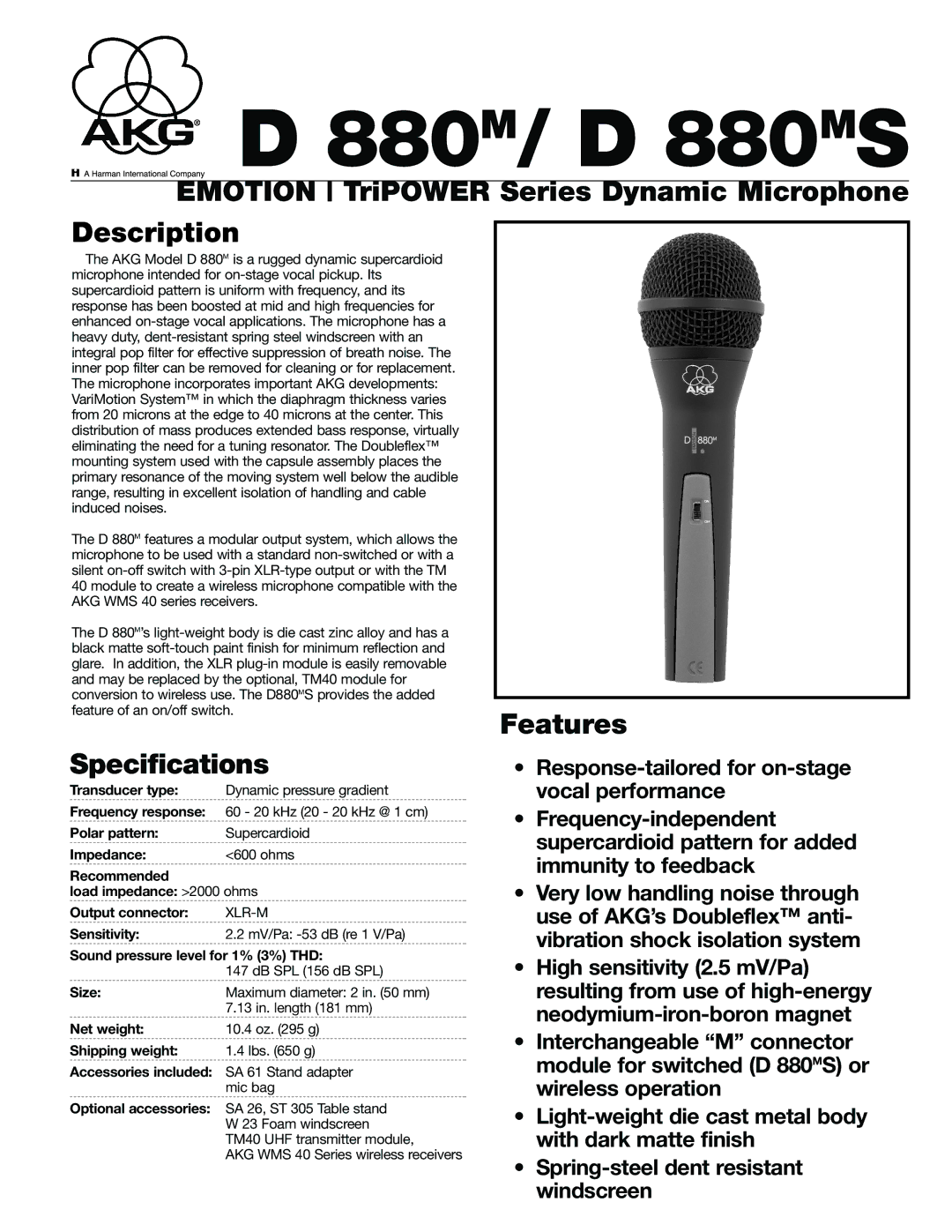 AKG Acoustics D 880MS specifications Emotion TriPOWER Series Dynamic Microphone Description, Specifications, Features 