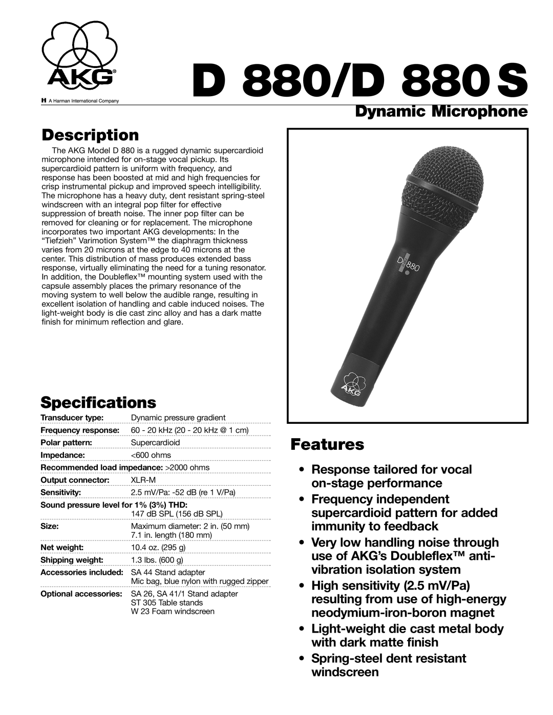 AKG Acoustics specifications 880/D 880S, Dynamic Microphone Description, Specifications, Features, Xlr-M 