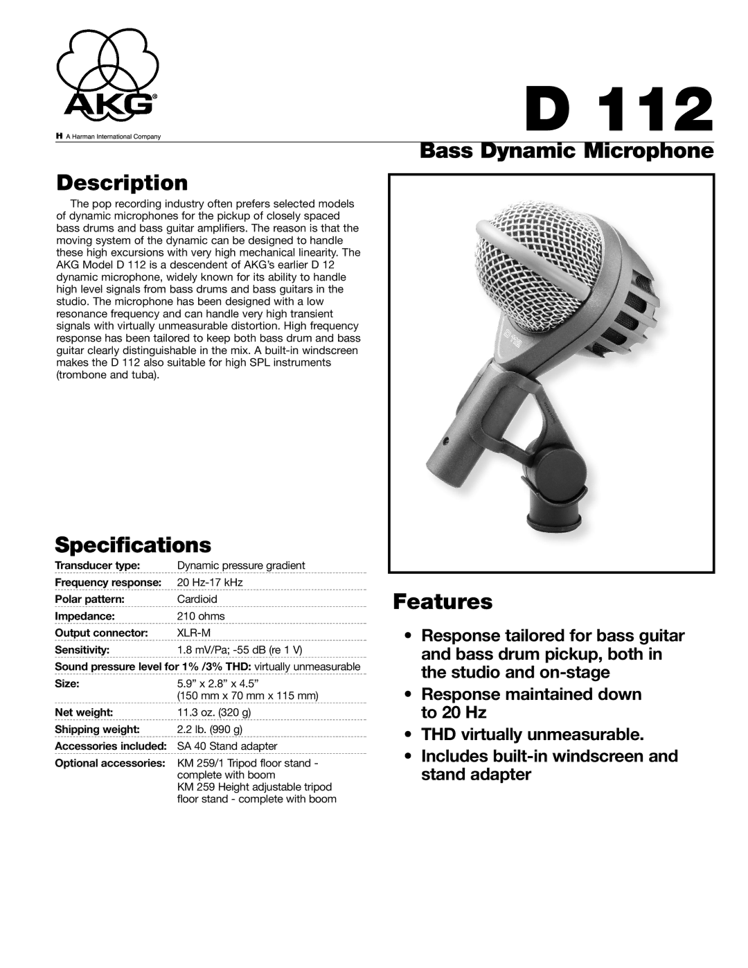 AKG Acoustics D112 specifications Bass Dynamic Microphone Description, Specifications, Features 