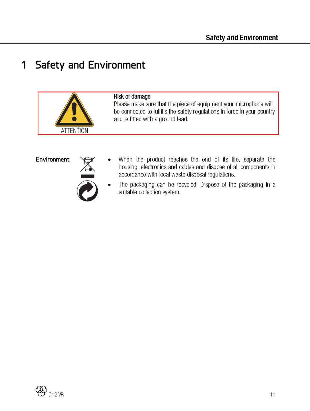 AKG Acoustics D12 VR manual Safety and Environment, Risk of damage 