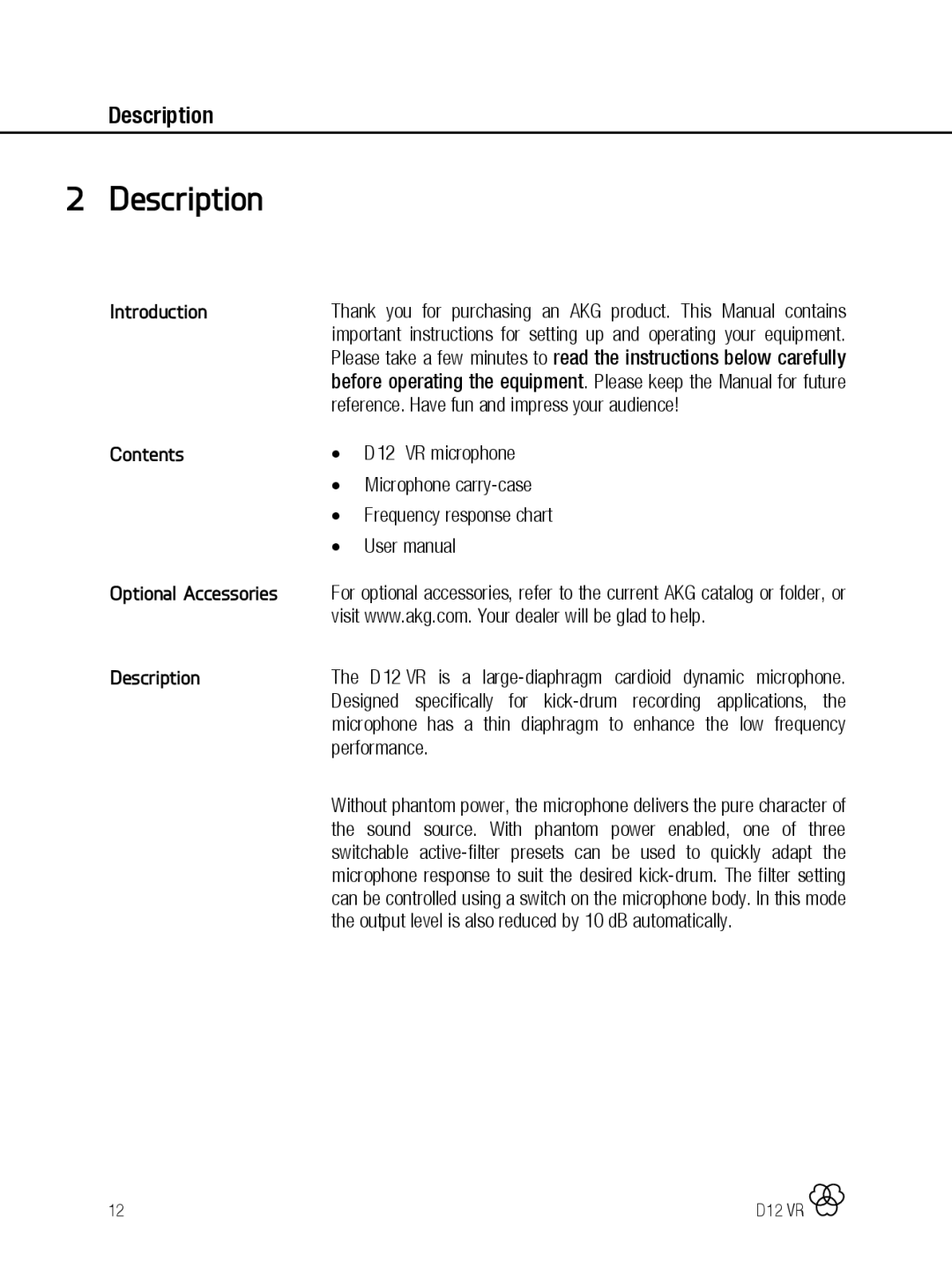 AKG Acoustics D12 VR manual Introduction Contents Optional Accessories Description 