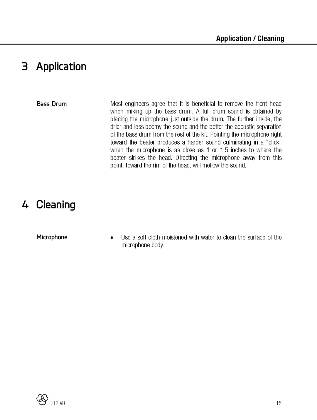 AKG Acoustics D12 VR manual Application, Cleaning, Microphone 