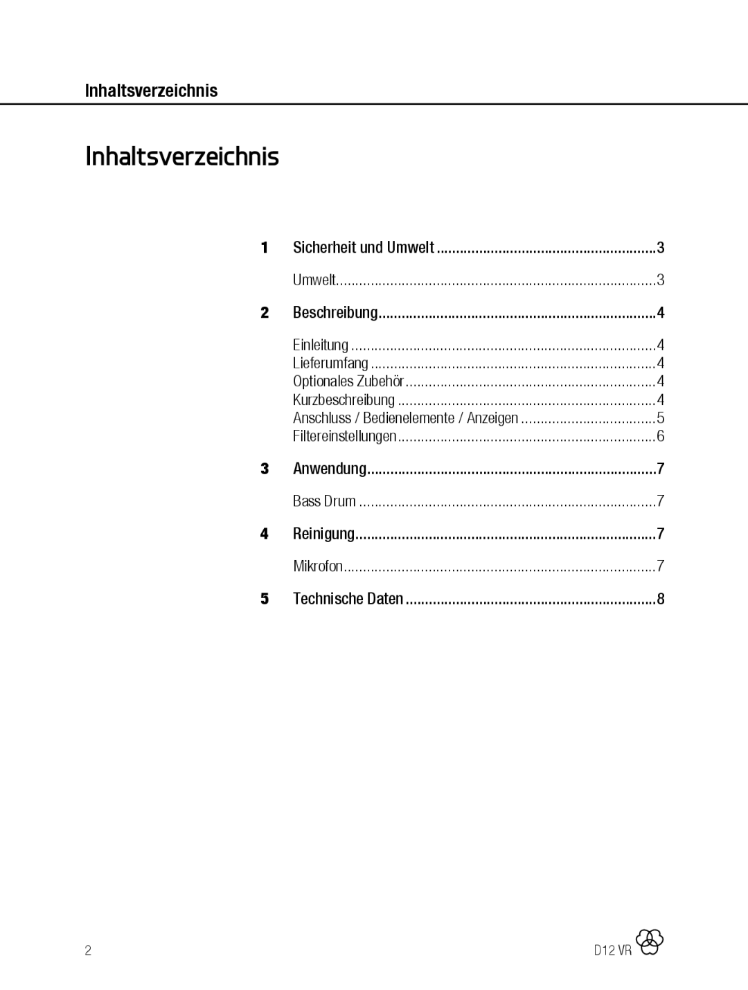 AKG Acoustics D12 VR manual Inhaltsverzeichnis 