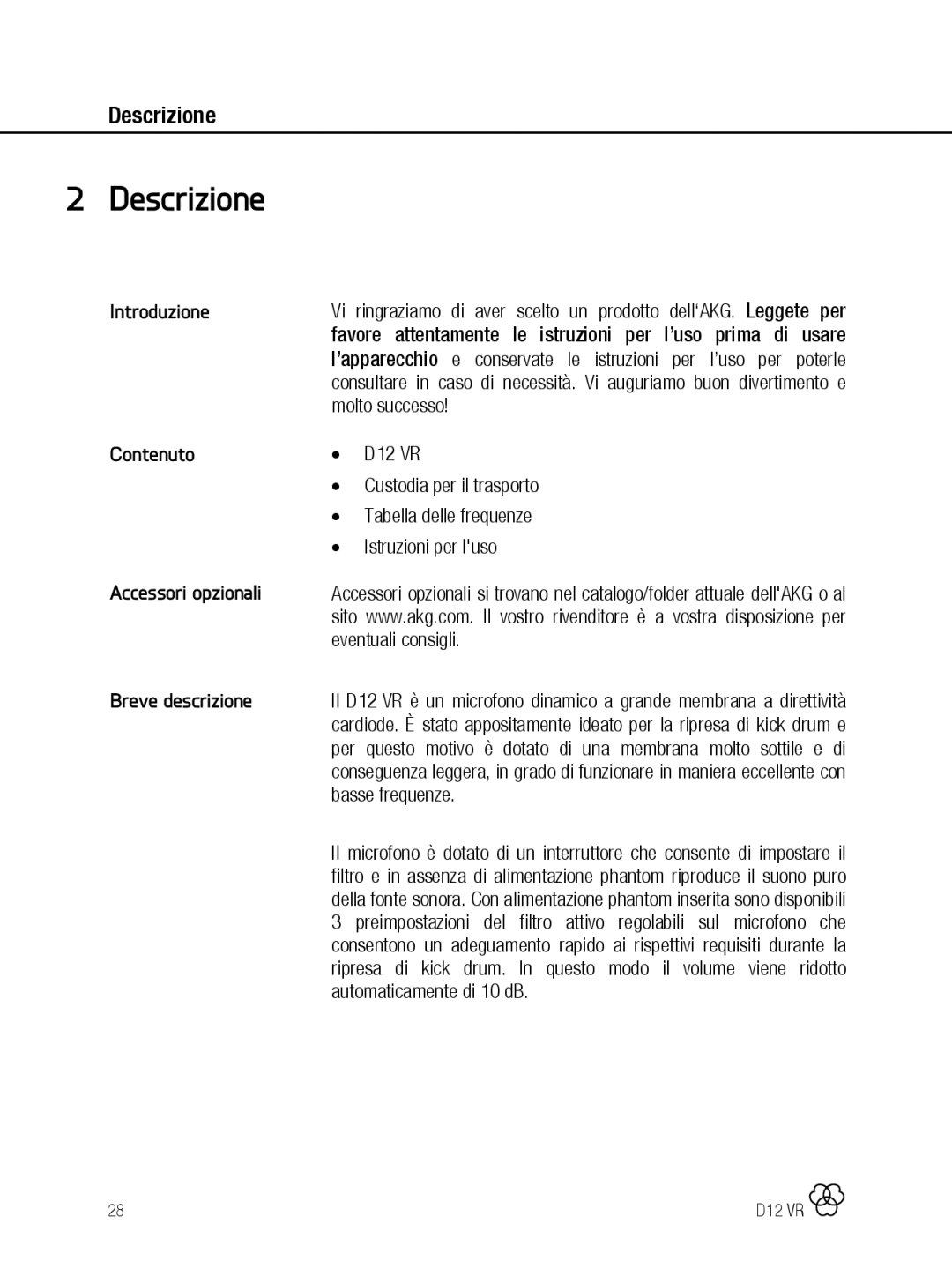 AKG Acoustics D12 VR manual Descrizione, Introduzione, Contenuto, Accessori opzionali, Breve descrizione 