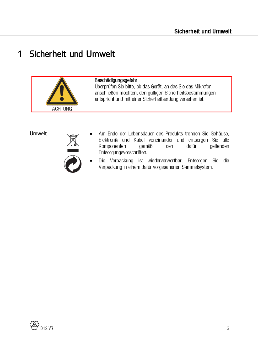 AKG Acoustics D12 VR manual Sicherheit und Umwelt, Komponenten Gemäß Den Dafür, Entsorgungsvorschriften 