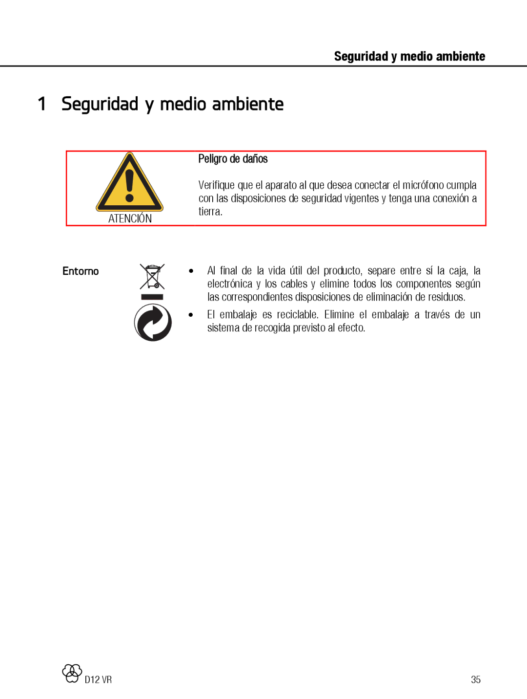 AKG Acoustics D12 VR manual Seguridad y medio ambiente, Peligro de daños, Tierra, Entorno 