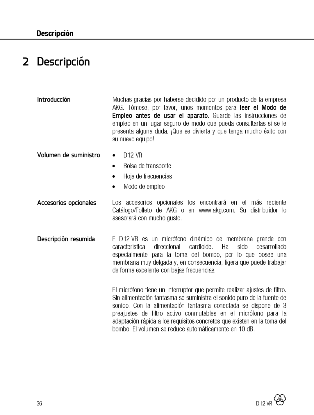 AKG Acoustics D12 VR manual Introducción, Volumen de suministro, Accesorios opcionales, Descripción resumida 