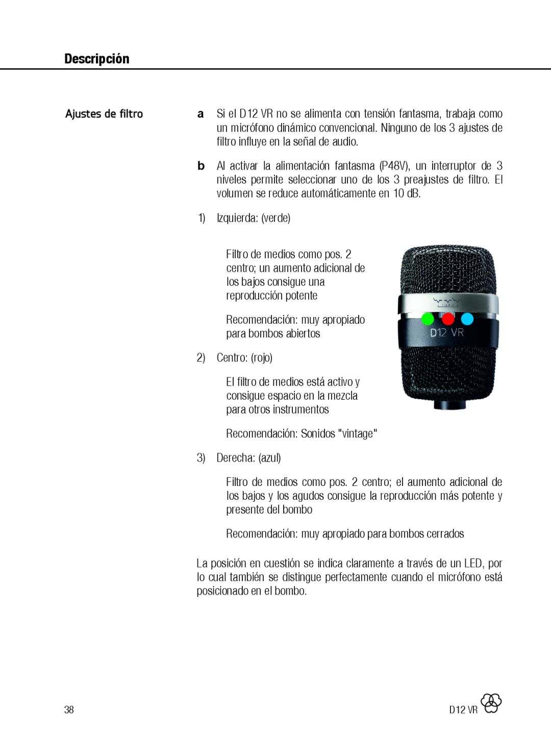 AKG Acoustics D12 VR manual Ajustes de filtro 