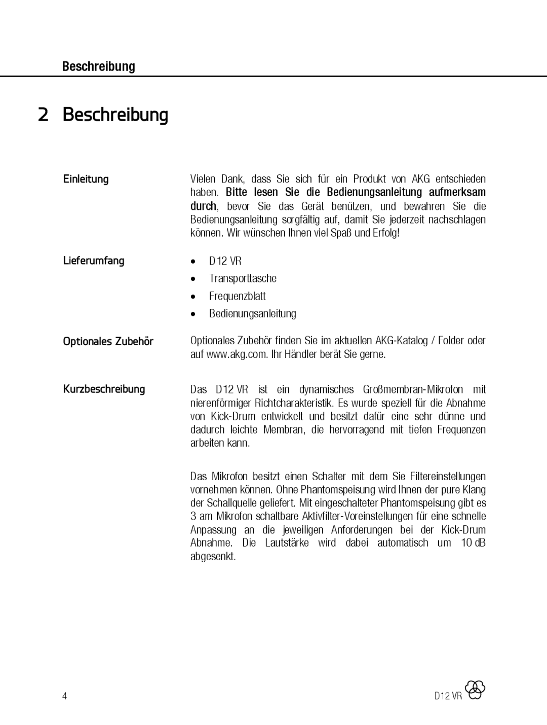 AKG Acoustics D12 VR manual Beschreibung, Einleitung, Lieferumfang, Optionales Zubehör, Kurzbeschreibung 