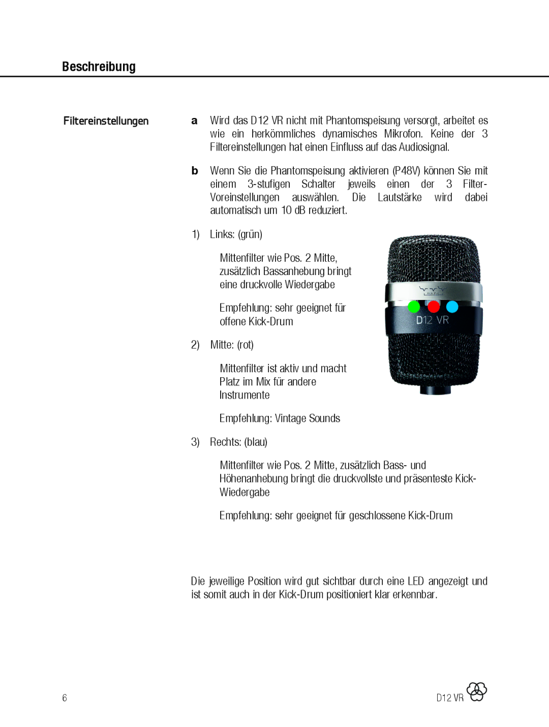 AKG Acoustics D12 VR manual Filtereinstellungen 