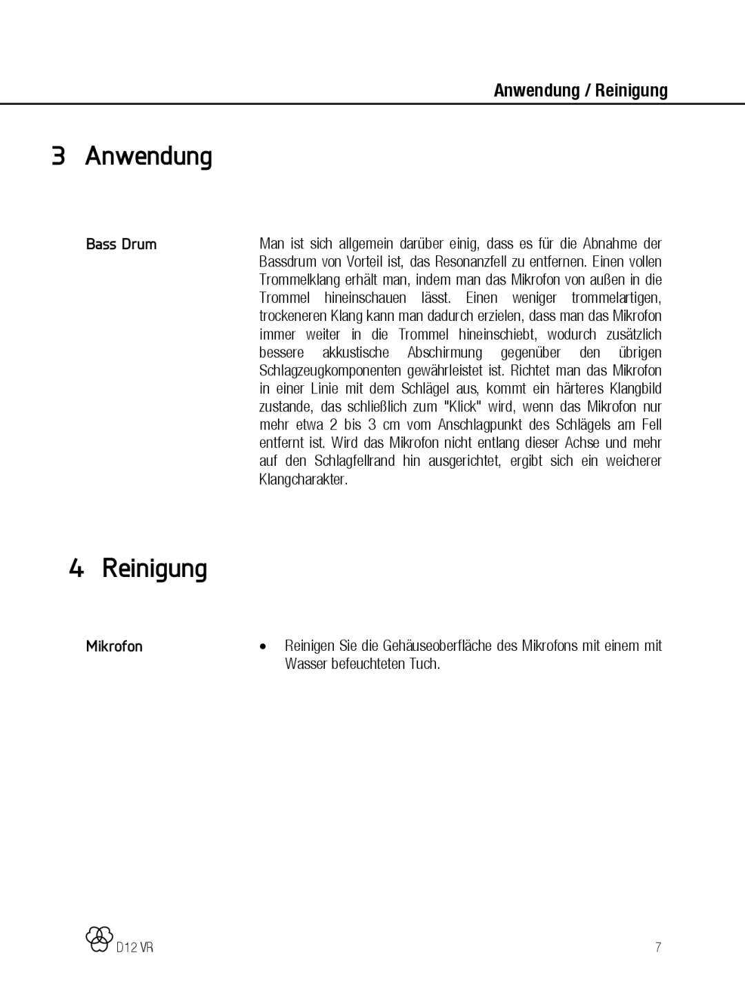 AKG Acoustics D12 VR manual Anwendung, Reinigung, Bass Drum, Mikrofon 