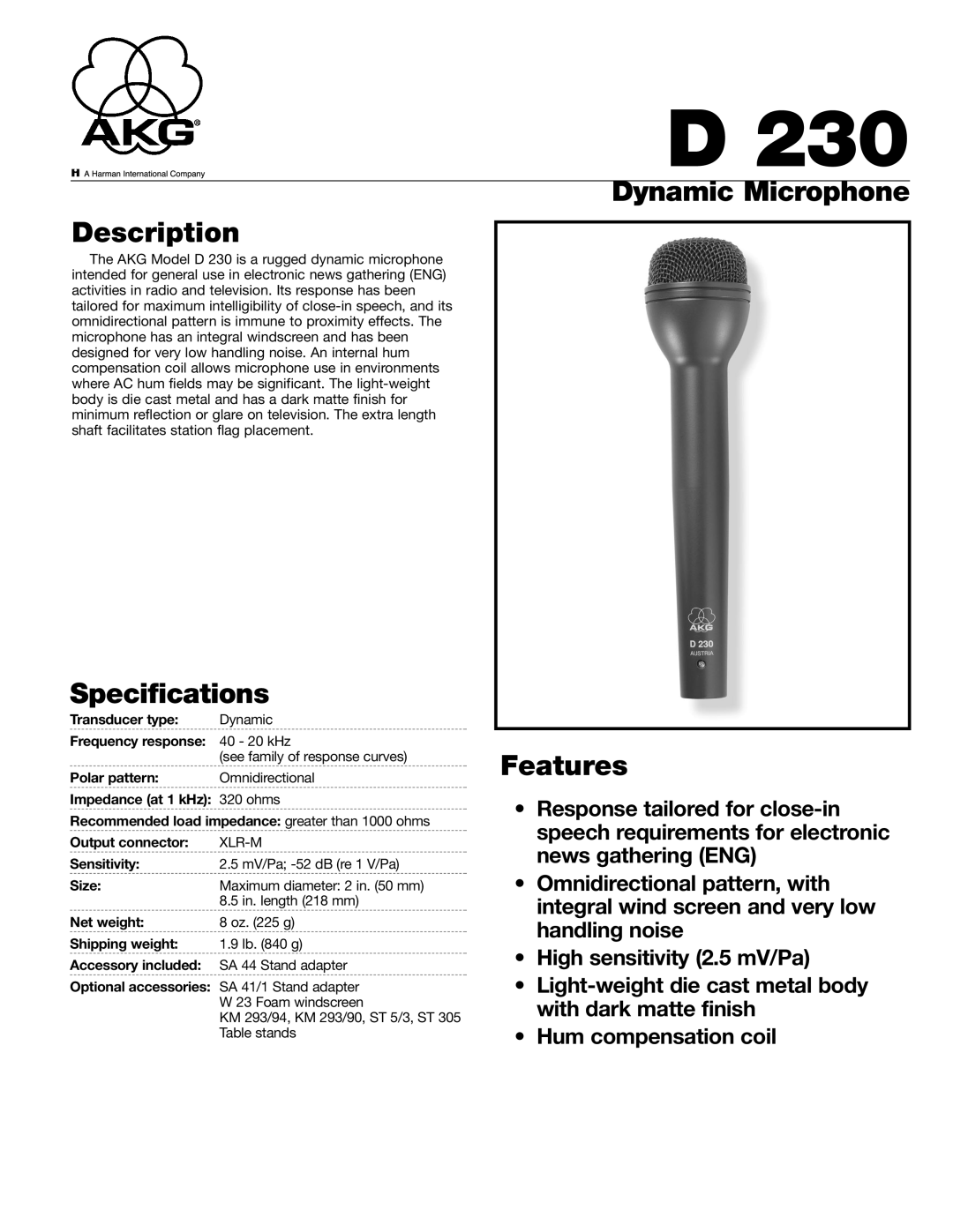 AKG Acoustics D230 specifications Description, Specifications, Dynamic Microphone Features 