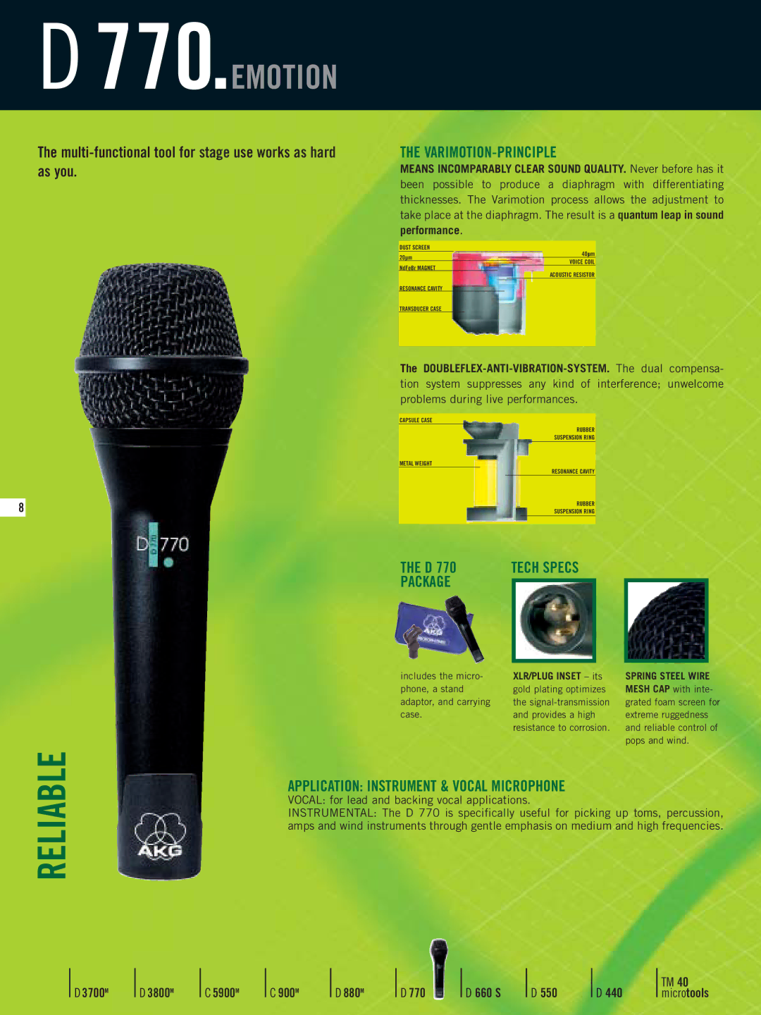 AKG Acoustics D3700M manual Emotion, Varimotion-Principle, Package, Application Instrument & Vocal Microphone 