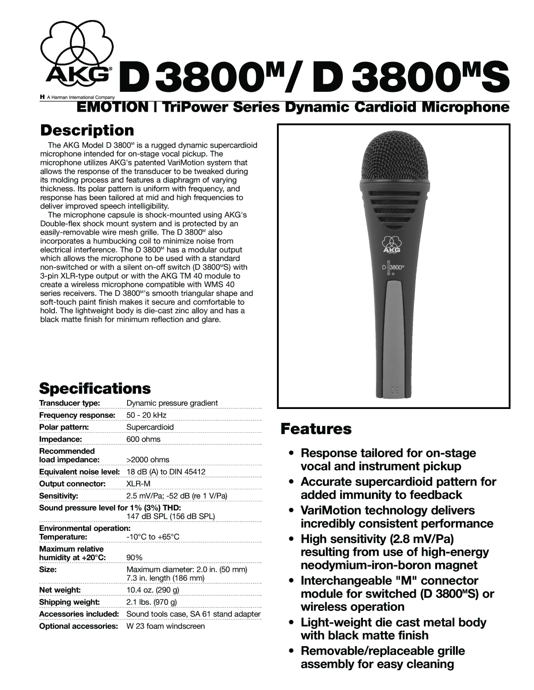 AKG Acoustics D3800M specifications Description, Specifications, Features 