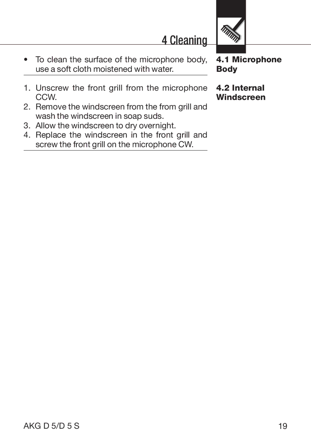 AKG Acoustics D5S manual Cleaning, Windscreen 