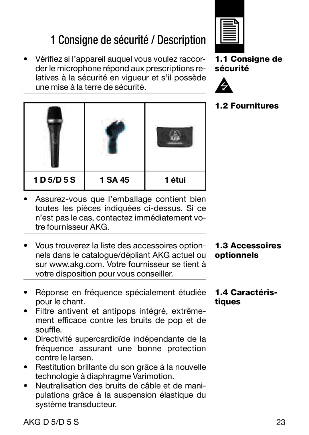 AKG Acoustics D5S manual Consigne de sécurité / Description 