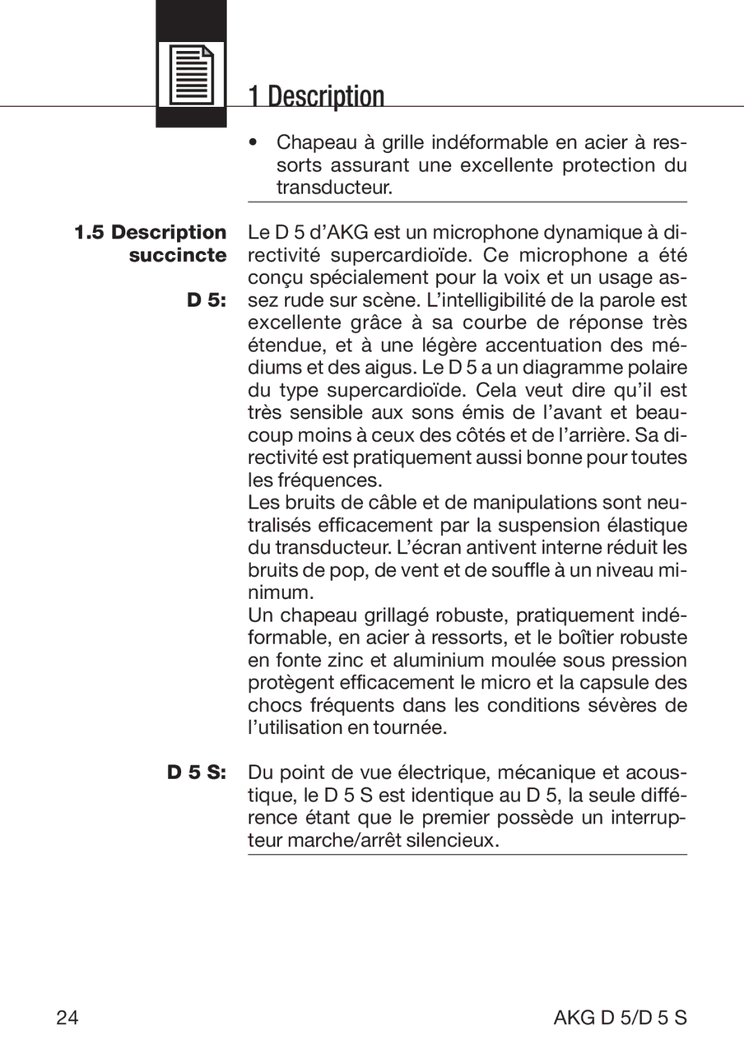 AKG Acoustics D5S manual Description 