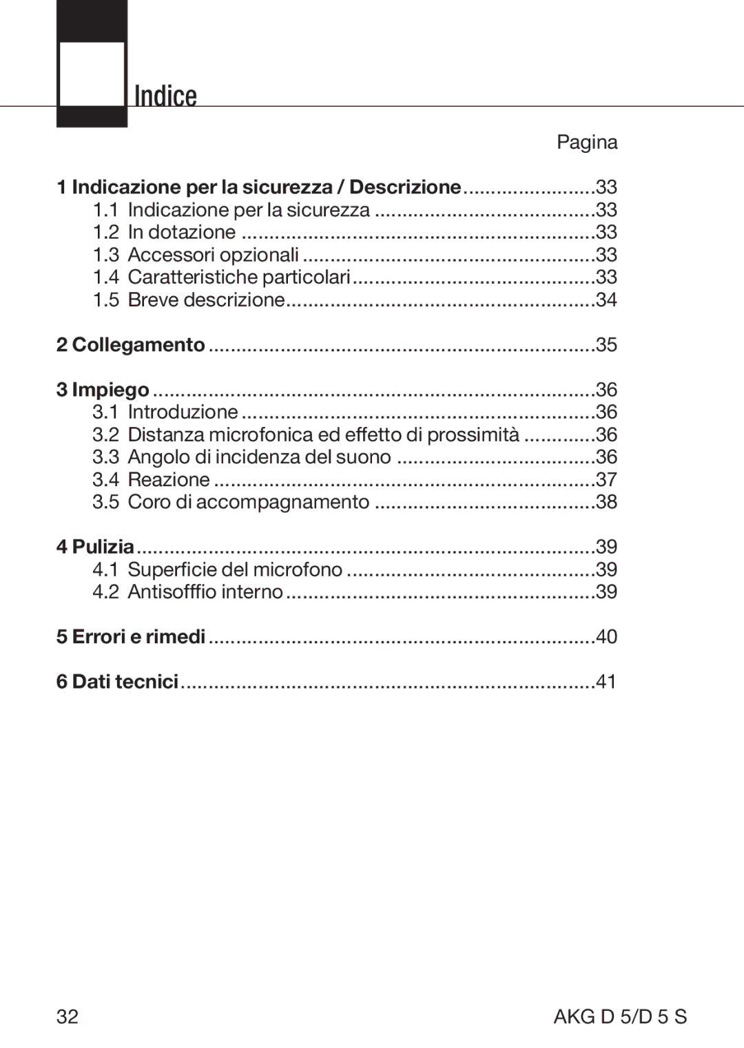 AKG Acoustics D5S manual Indice, Pagina 