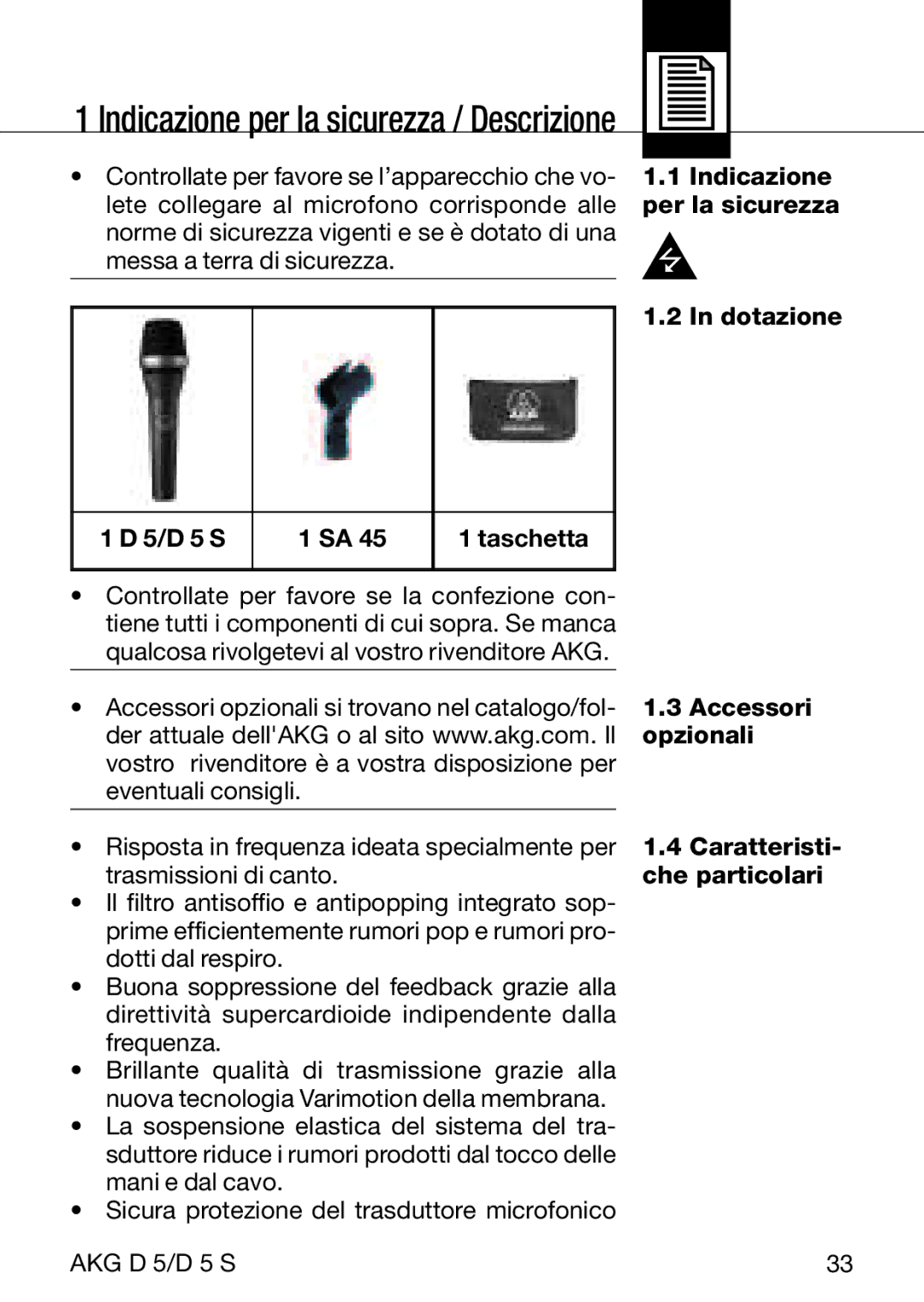 AKG Acoustics D5S manual Indicazione per la sicurezza / Descrizione 