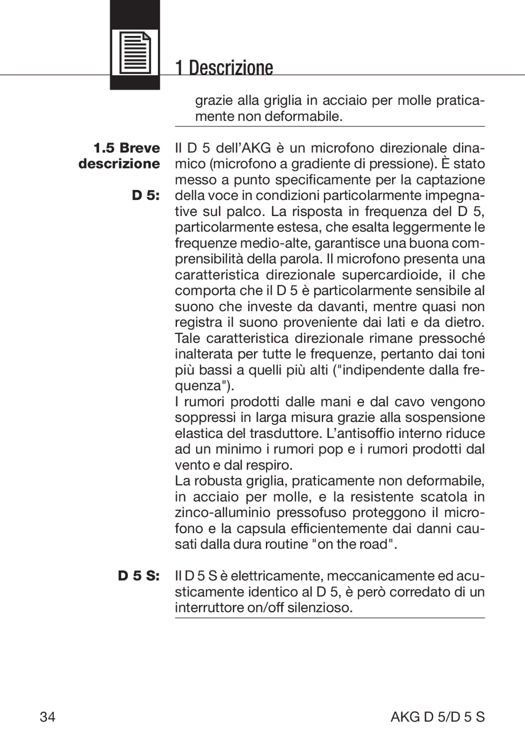 AKG Acoustics D5S manual Descrizione 