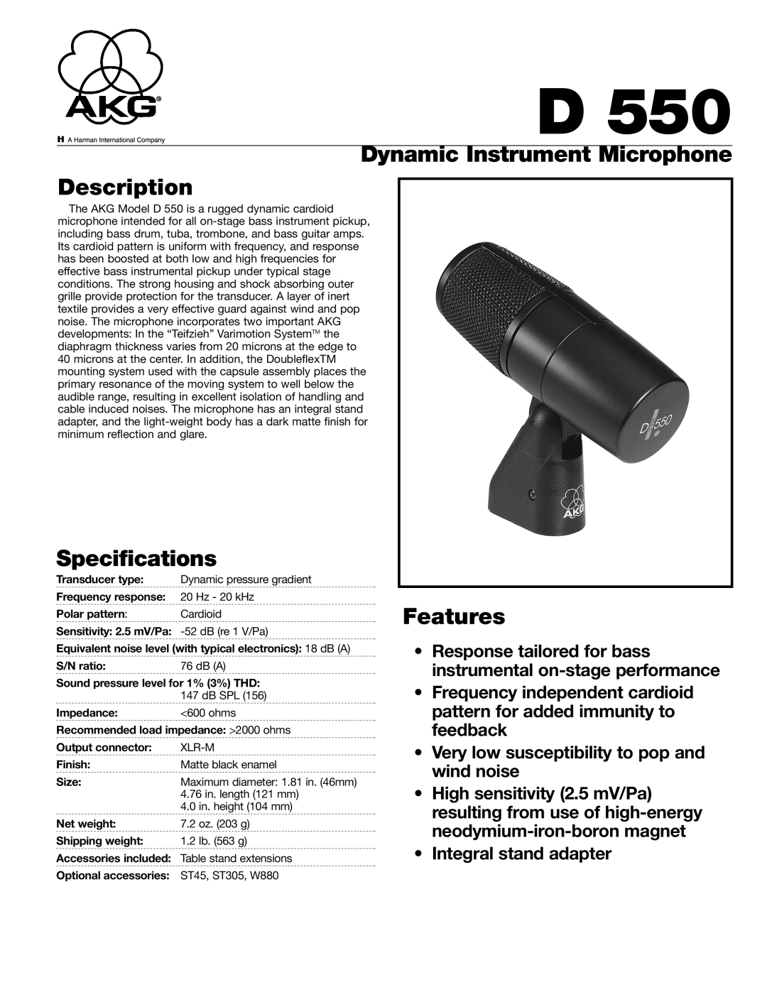 AKG Acoustics D550 specifications Dynamic Instrument Microphone Description, Specifications, Features 