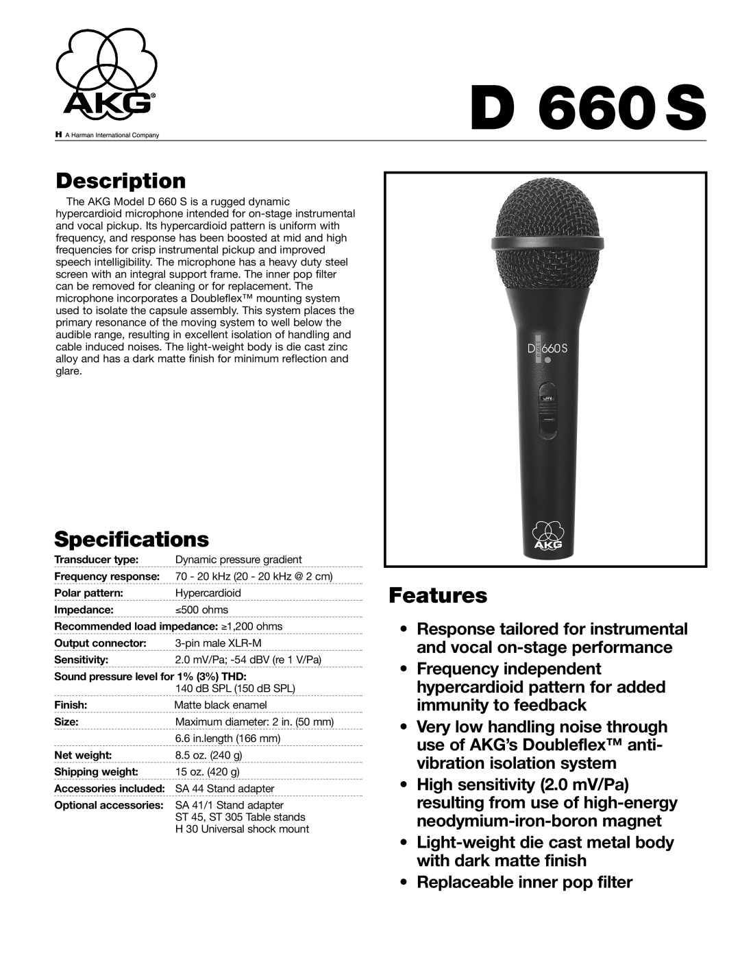 AKG Acoustics D660S specifications Description, Specifications, Features, D 660S 