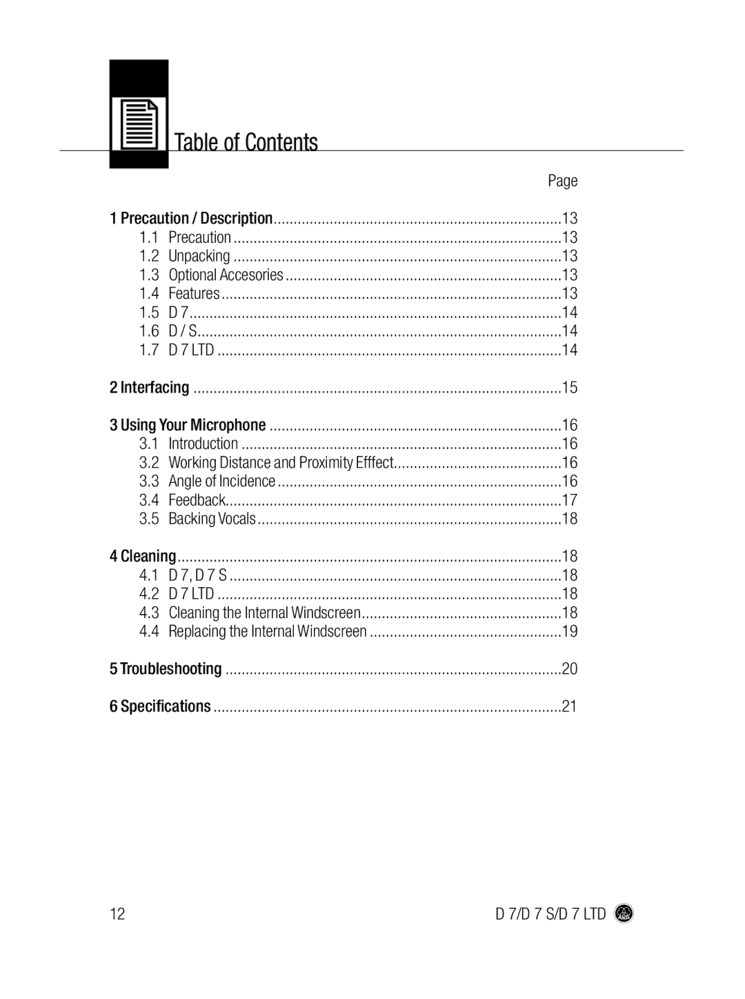 AKG Acoustics D7 S, D 7 LTD manual Table of Contents 