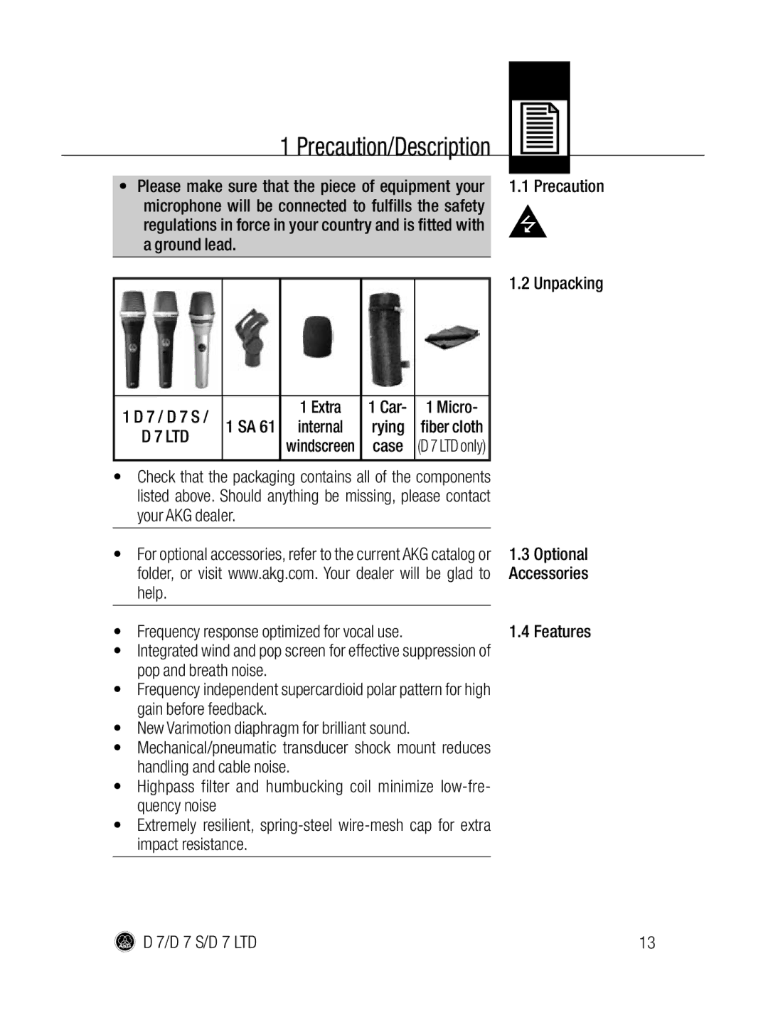 AKG Acoustics D7 S, D 7 LTD manual Extra, Micro, Features, Rying, Optional Accessories 