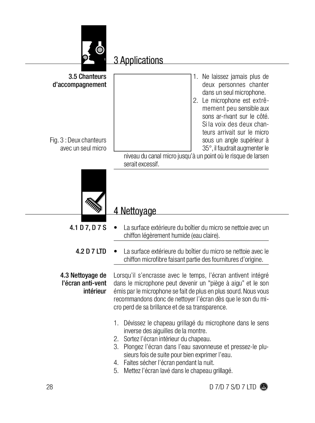 AKG Acoustics D7 S, D 7 LTD manual Nettoyage, Sortez l’écran intérieur du chapeau, 5Chanteurs d’accompagnement 