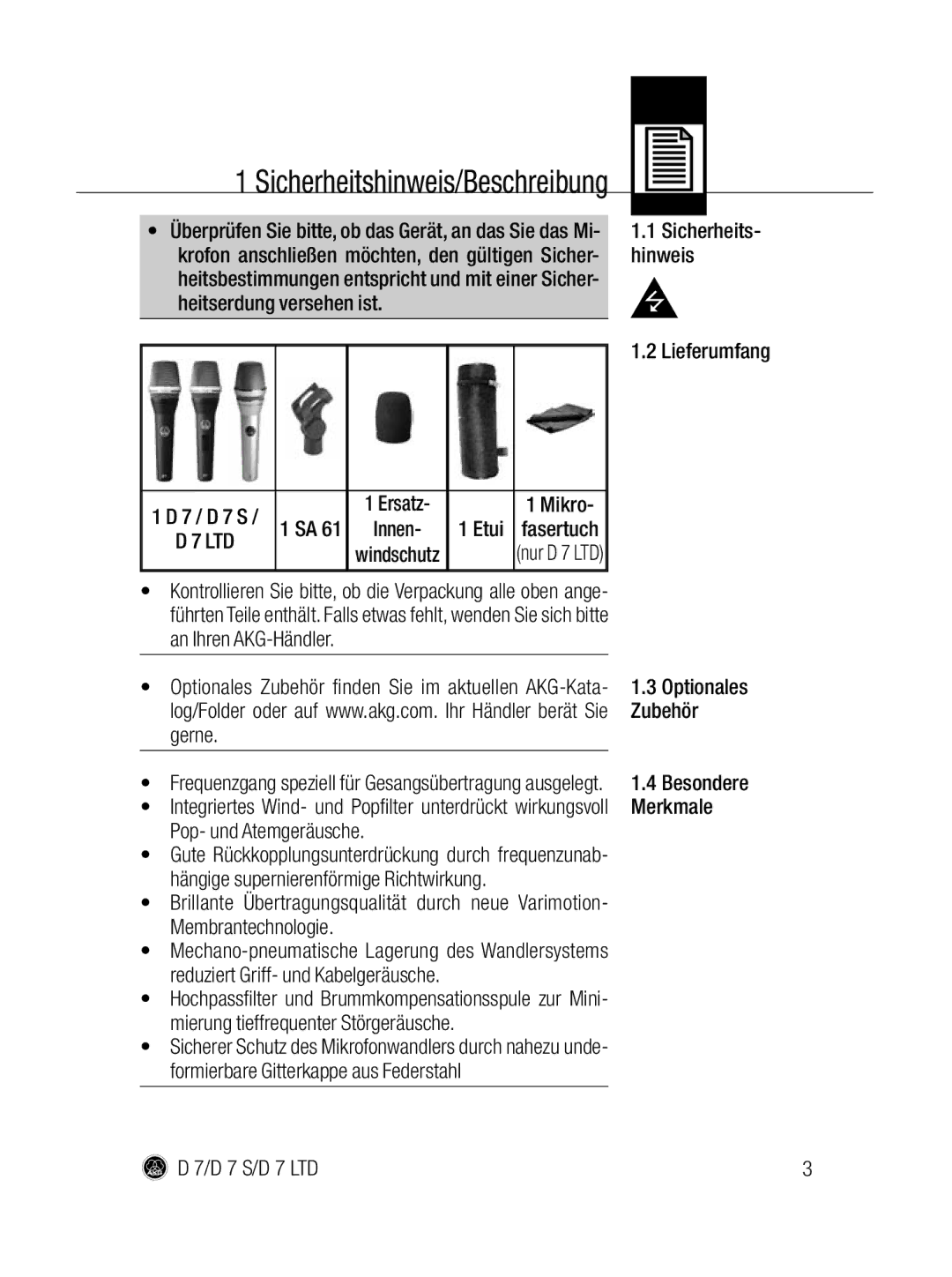 AKG Acoustics D7 S, D 7 LTD manual Sicherheitshinweis/Beschreibung 