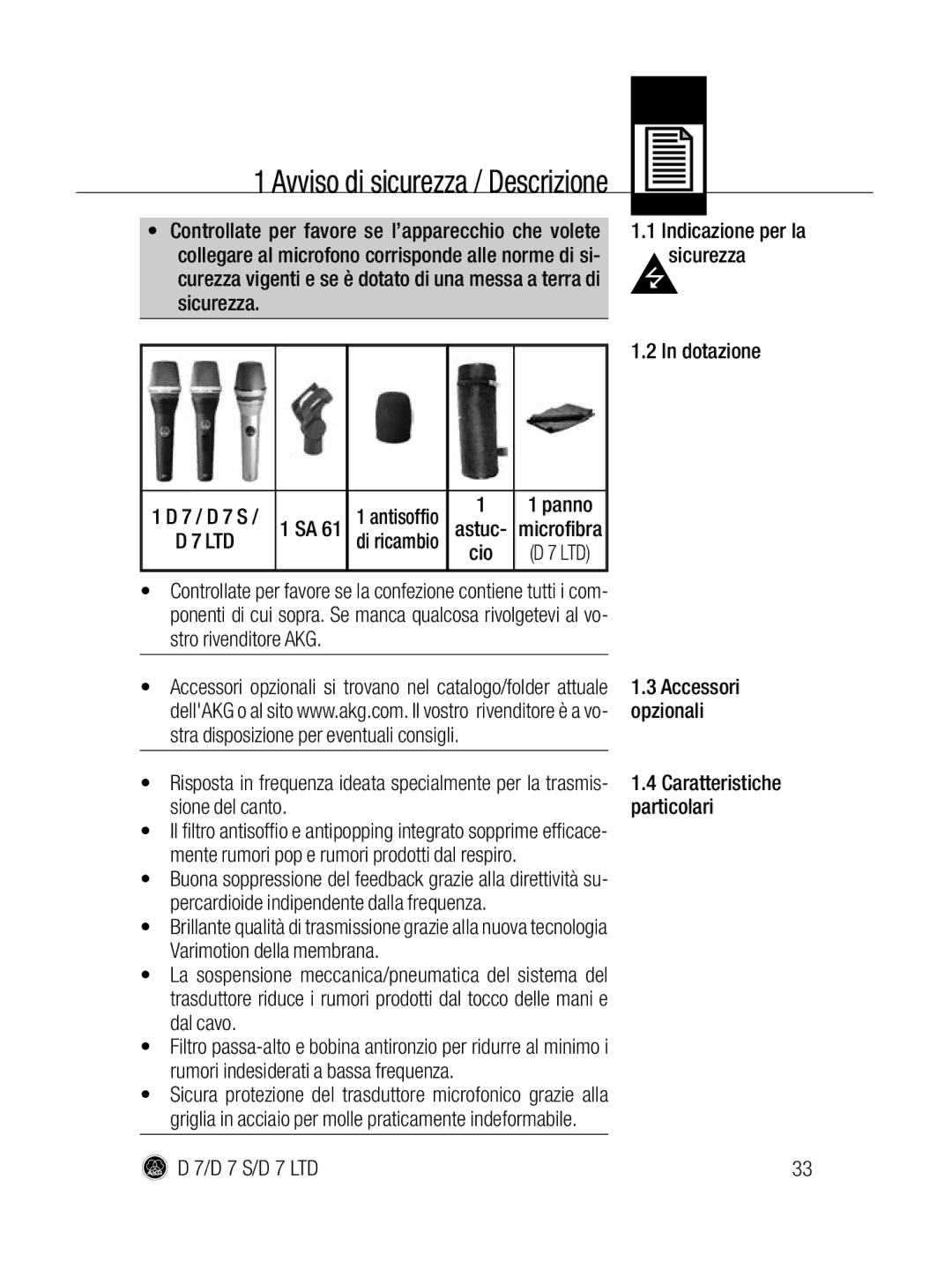 AKG Acoustics D7 S, D 7 LTD manual Avviso di sicurezza / Descrizione 