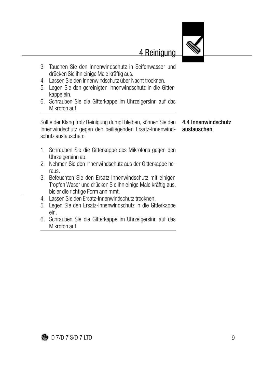 AKG Acoustics D7 S, D 7 LTD manual Reinigung, Innenwindschutz austauschen 