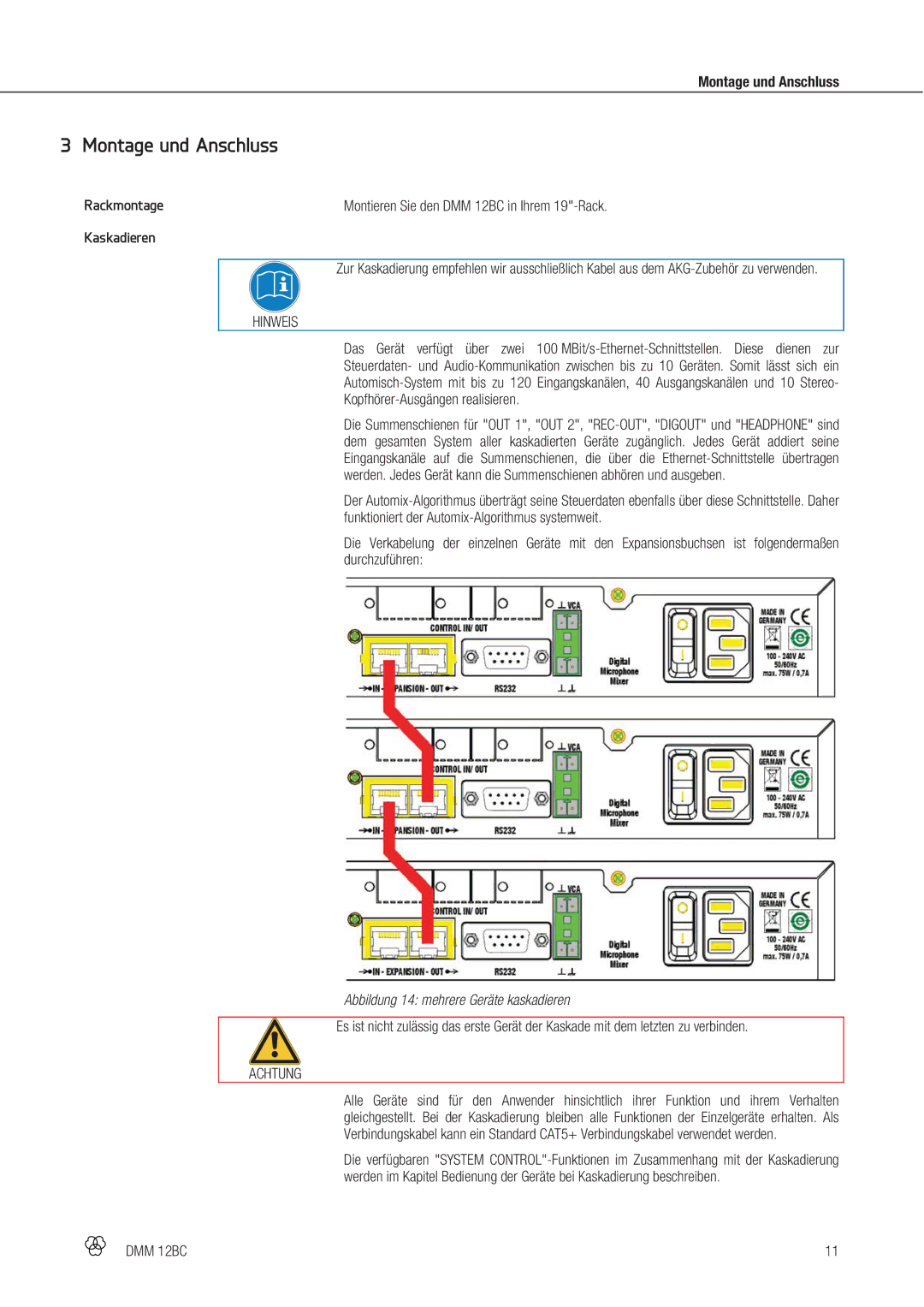 AKG Acoustics DMM 12BC manual Montage und Anschluss, Rackmontage, Kaskadieren, Abbildung 14 mehrere Geräte kaskadieren 