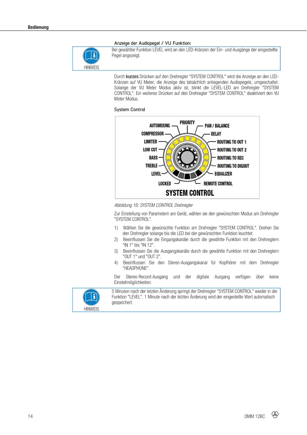 AKG Acoustics DMM 12BC manual Bedienung Anzeige der Audiopegel / VU Funktion, Pegel angezeigt, System Control 